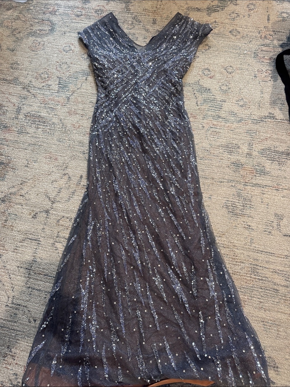 Rene Ruiz Charcoal Sequin V-Neck Maxi Gown with tulle